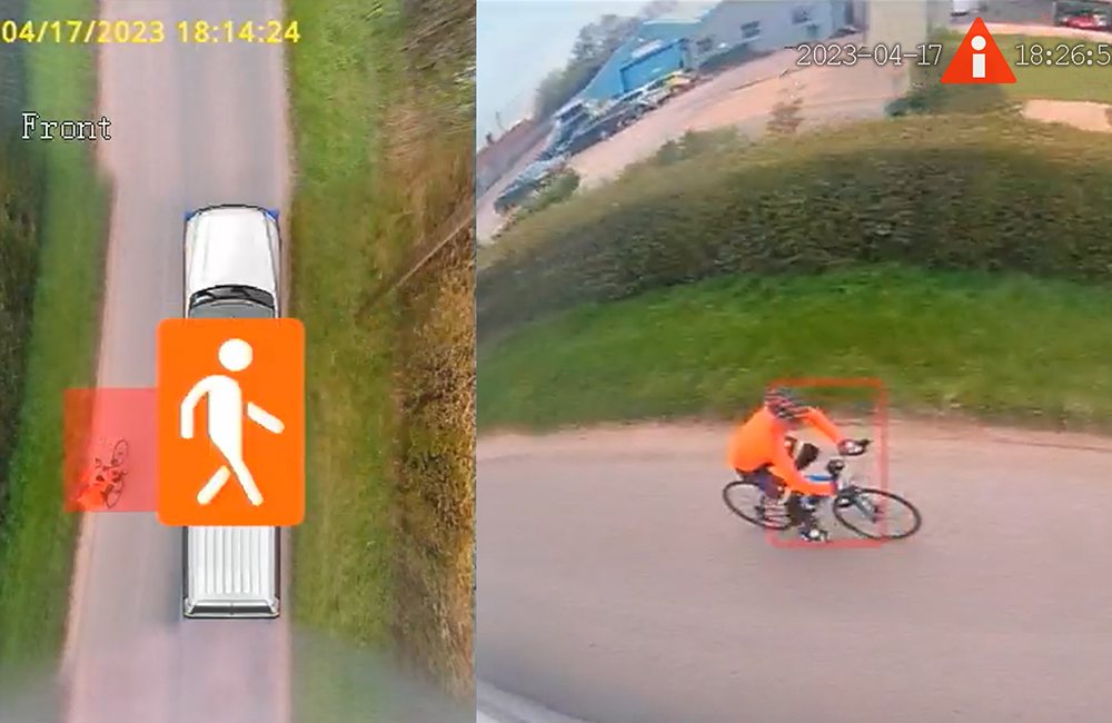 Red close proximity alert - VRU detected on the left Red close proximity alert - VRU detected on the left